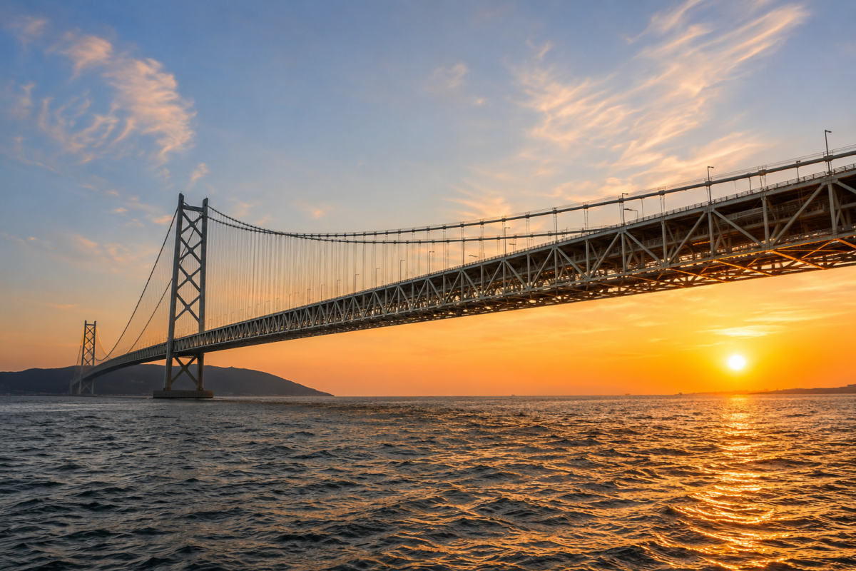 coucher du soleil sous pont akashi