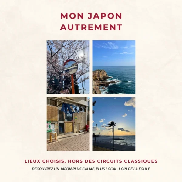 page de couverture du guide "mon japon autrement" avec 4 images inédites du japon et deux sous titres