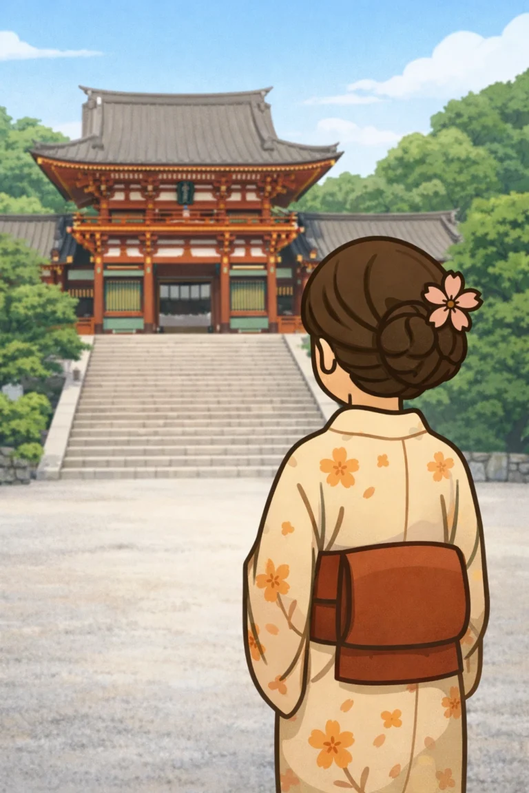 femme en yukata regardant un temple japonais