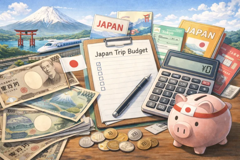 paysage japon avec calcultatrice tirelire cochon et argent japonais