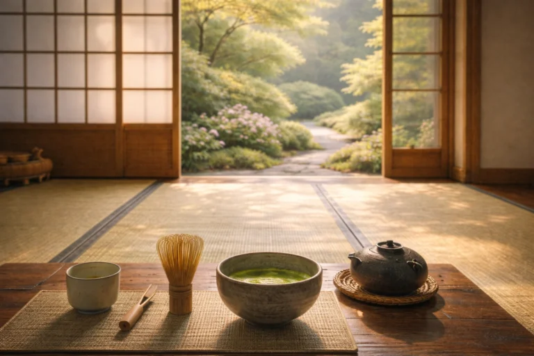 outils pour faire une ceremonie de the dans une salle de tatamis avec vue sur jardin japonais